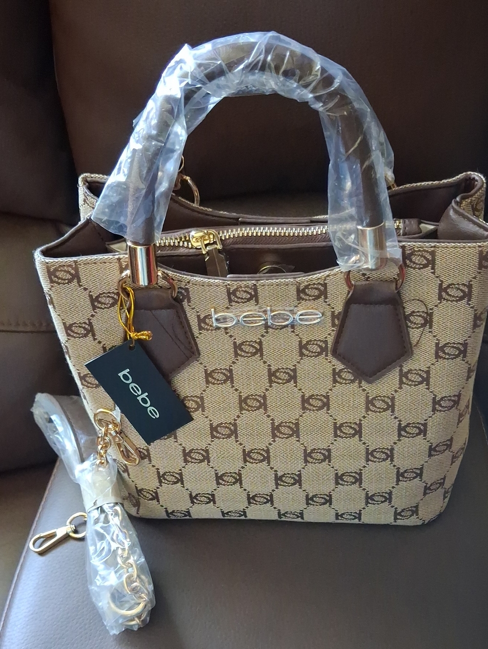 bebe Beige and Brown Logo Satchel with Gold Hardware
